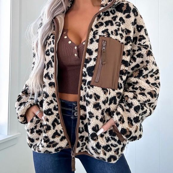 Leopard Sherpa Zip Jacket - Brown - Picture 3 of 4